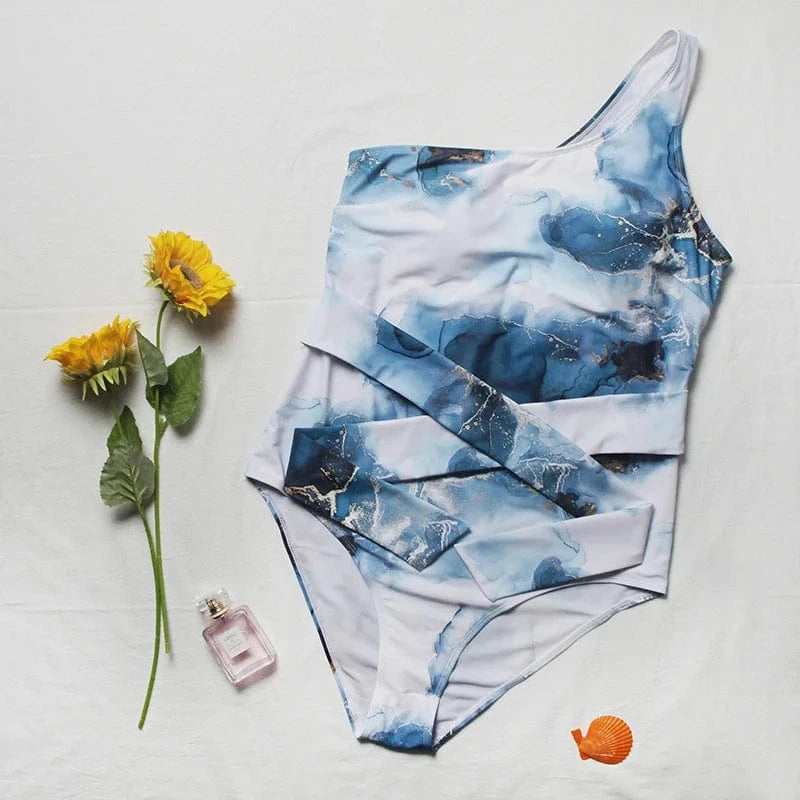2022 New Design One Piece Swimsuit Plus Size Single Shoulder Swimwear 4x Bow Tie High Cut Leg Printed Beachwear for Fat Women