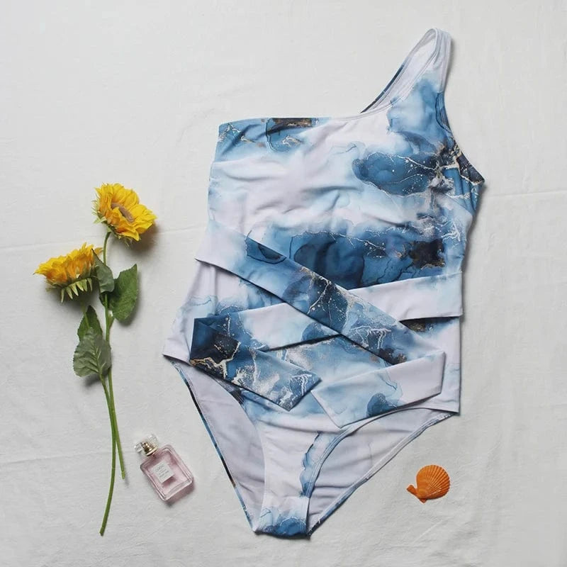 2022 New Design One Piece Swimsuit Plus Size Single Shoulder Swimwear 4x Bow Tie High Cut Leg Printed Beachwear for Fat Women