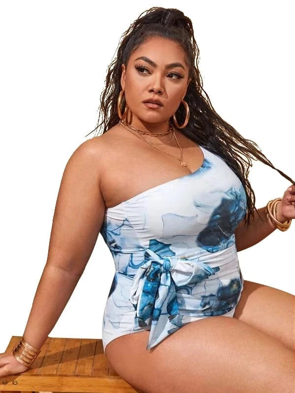 2022 New Design One Piece Swimsuit Plus Size Single Shoulder Swimwear 4x Bow Tie High Cut Leg Printed Beachwear for Fat Women