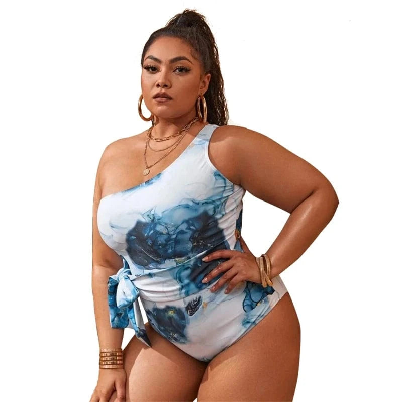 2022 New Design One Piece Swimsuit Plus Size Single Shoulder Swimwear 4x Bow Tie High Cut Leg Printed Beachwear for Fat Women