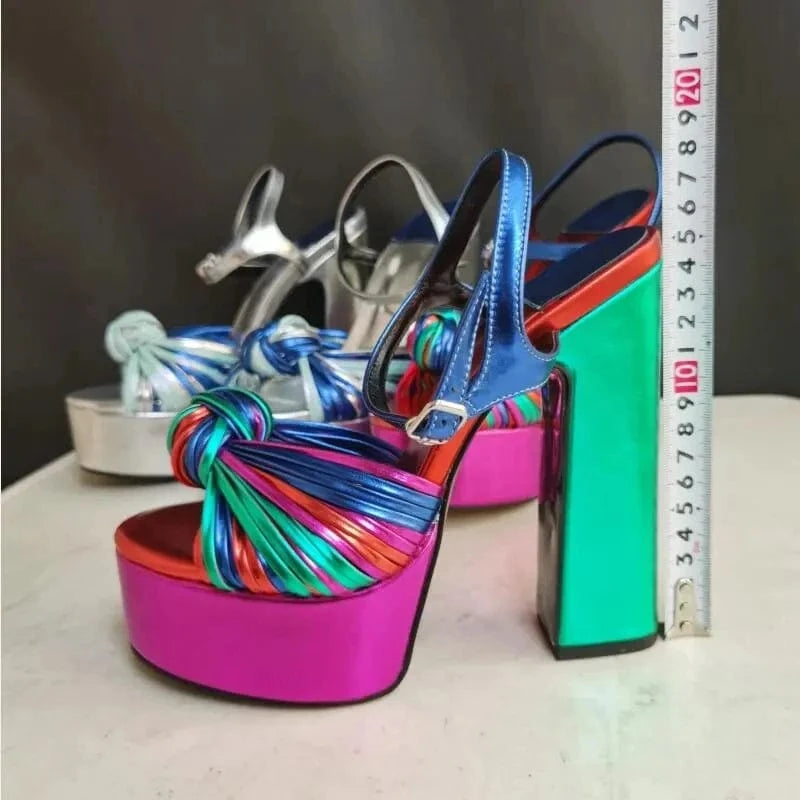 2022 New Summer Sexy Women's Sandals Mixed color Tie a knot Thick High Heel Platform Shoes Silver Zapatos Mujer Big Size 34-44