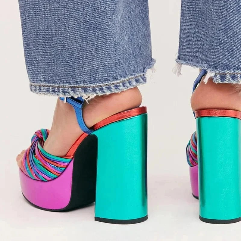 2022 New Summer Sexy Women's Sandals Mixed color Tie a knot Thick High Heel Platform Shoes Silver Zapatos Mujer Big Size 34-44