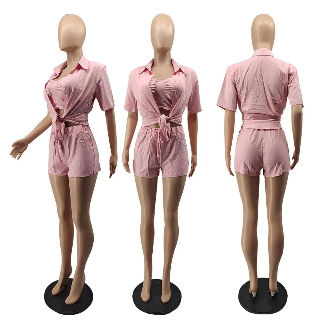 2022 Summer Clothing Cute Shirt  3 Piece Short Set Womens Short Solid Three Piece set  for Ladies Trendy outfits with Chest