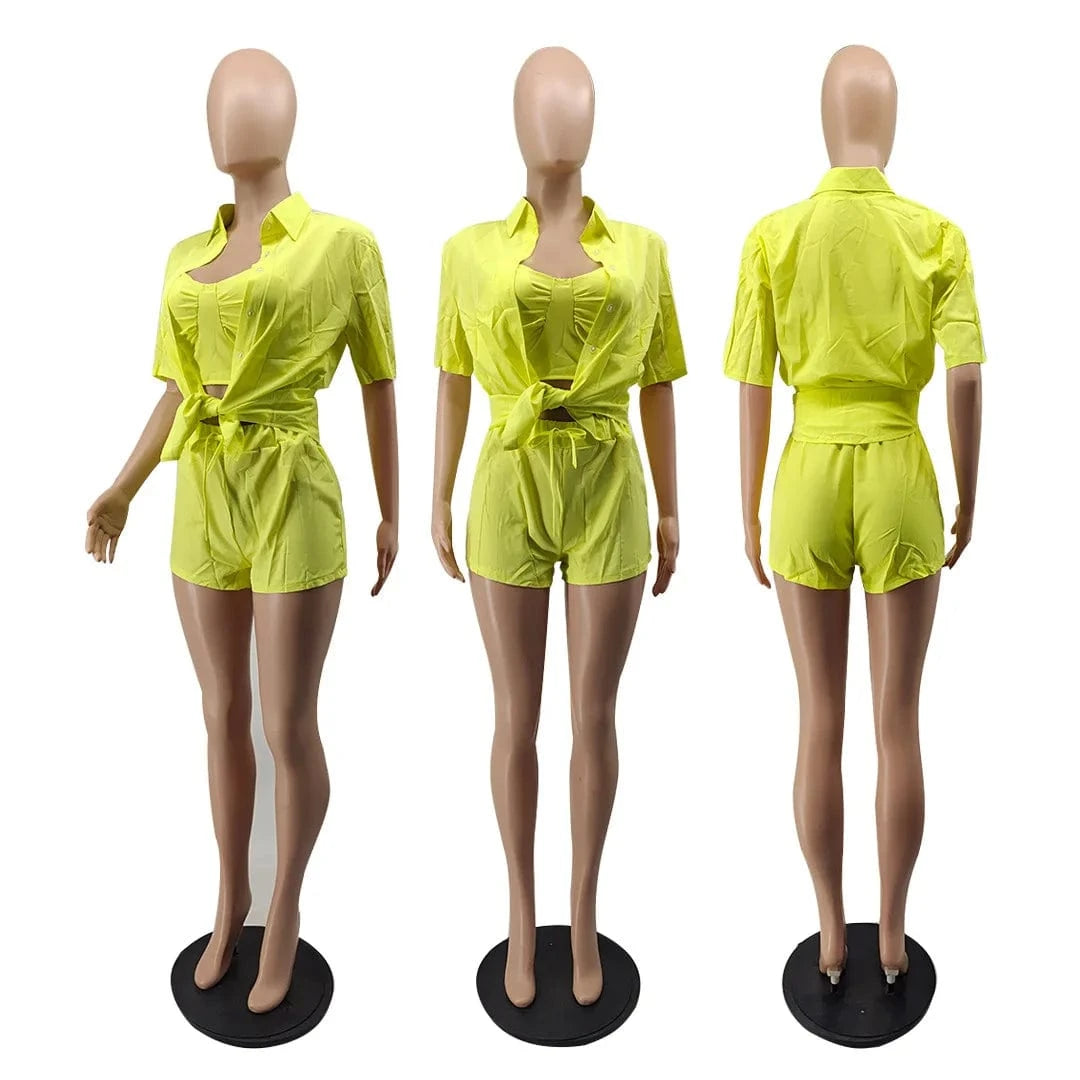 2022 Summer Clothing Cute Shirt  3 Piece Short Set Womens Short Solid Three Piece set  for Ladies Trendy outfits with Chest