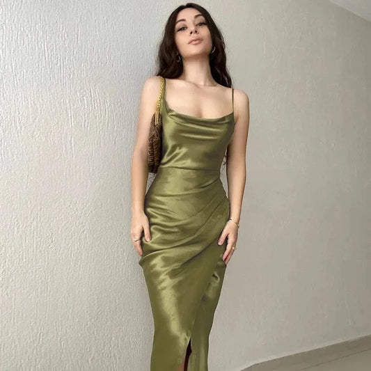 2022 Summer Sexy Sorority Clothing Low-cut Slit Suspender Dress New Slim Backless Satin Dress