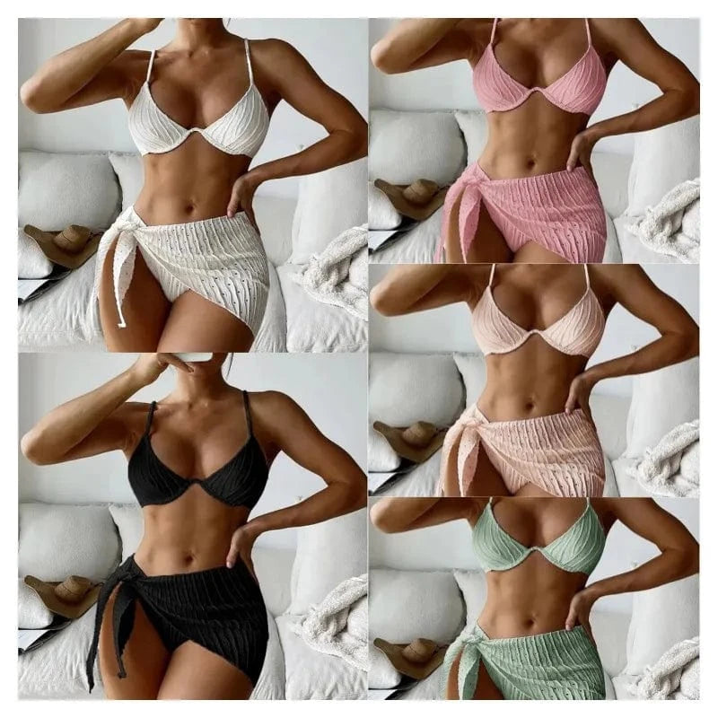 2023 3pcs Bikini Set Glistening Swimsuit Bikini with Cover Up Dress Girls Swim Bathing Suit Beach Wear