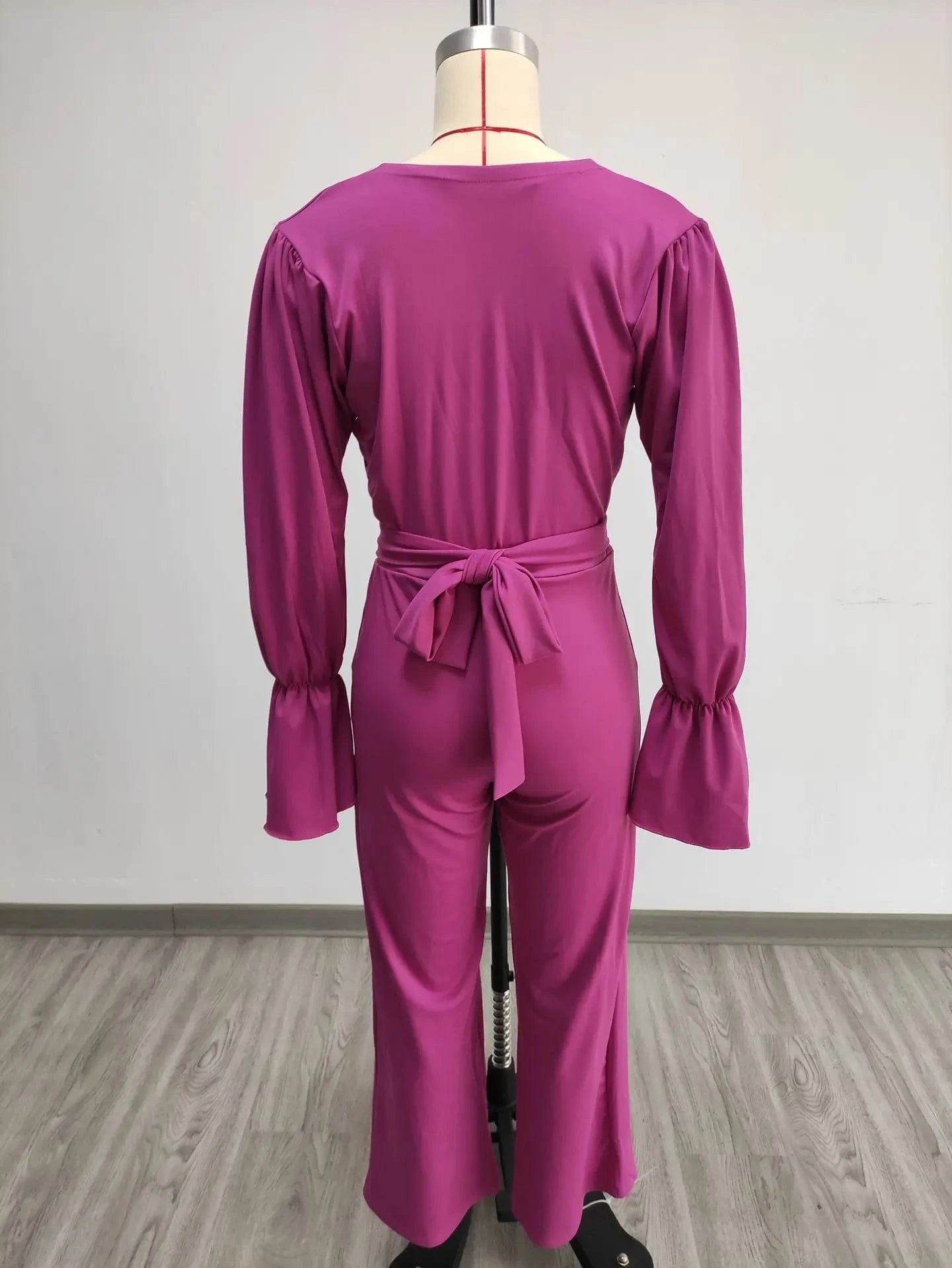 2023 autumn and winter fashion women's clothing V-neck flared sleeve trousers two-piece solid color casual 2-piece suit