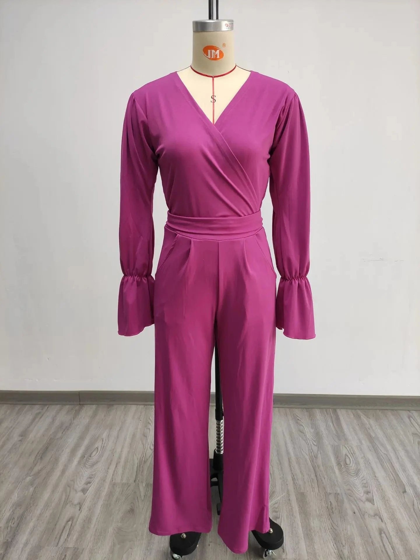 2023 autumn and winter fashion women's clothing V-neck flared sleeve trousers two-piece solid color casual 2-piece suit