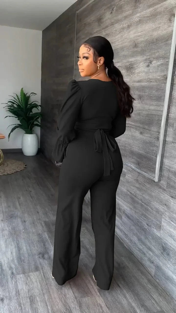 2023 autumn and winter fashion women's clothing V-neck flared sleeve trousers two-piece solid color casual 2-piece suit