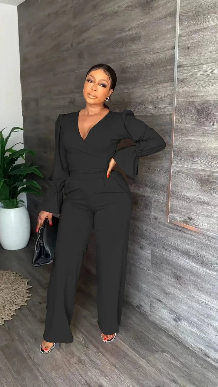 2023 autumn and winter fashion women's clothing V-neck flared sleeve trousers two-piece solid color casual 2-piece suit