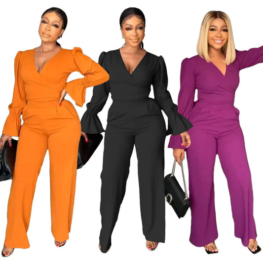2023 autumn and winter fashion women's clothing V-neck flared sleeve trousers two-piece solid color casual 2-piece suit
