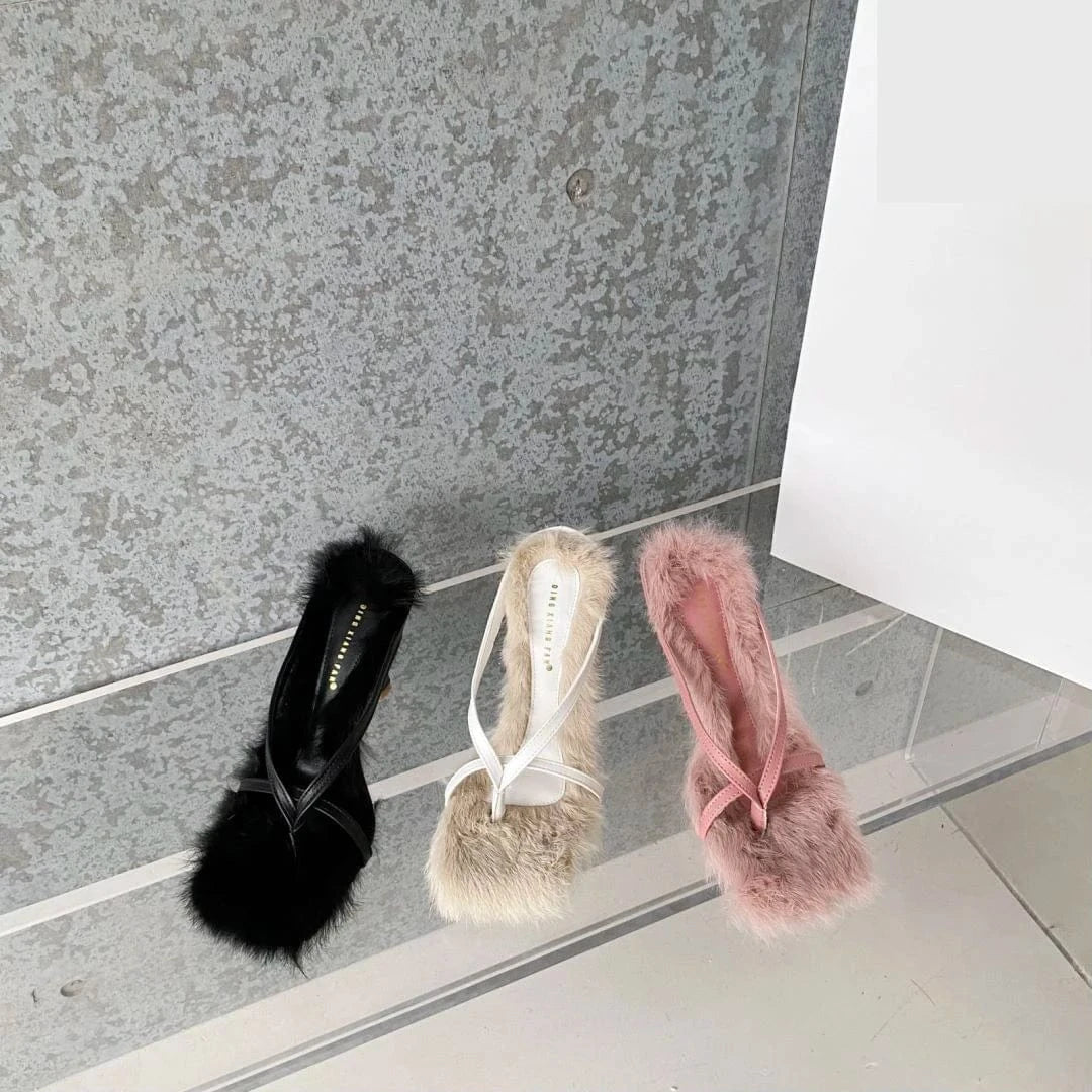 2023 Autumn Fairy Style Plush Shoes Women's Slim Heel Sandals Slim Strap High Heel Open Toe Fashion Women's Shoes