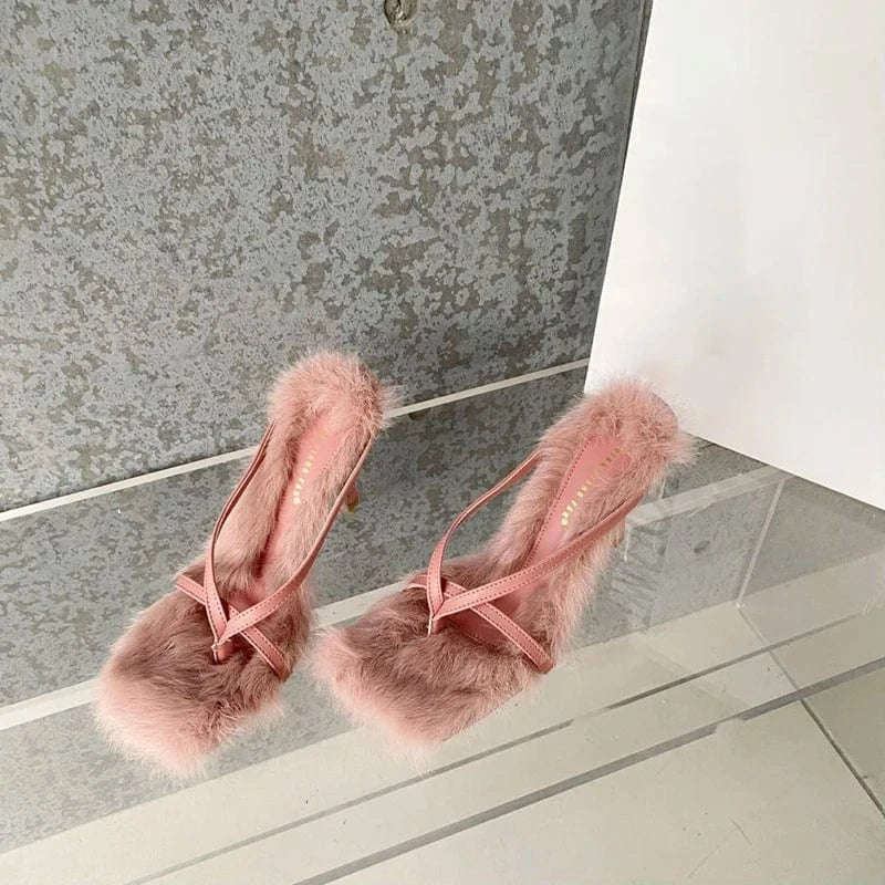 2023 Autumn Fairy Style Plush Shoes Women's Slim Heel Sandals Slim Strap High Heel Open Toe Fashion Women's Shoes