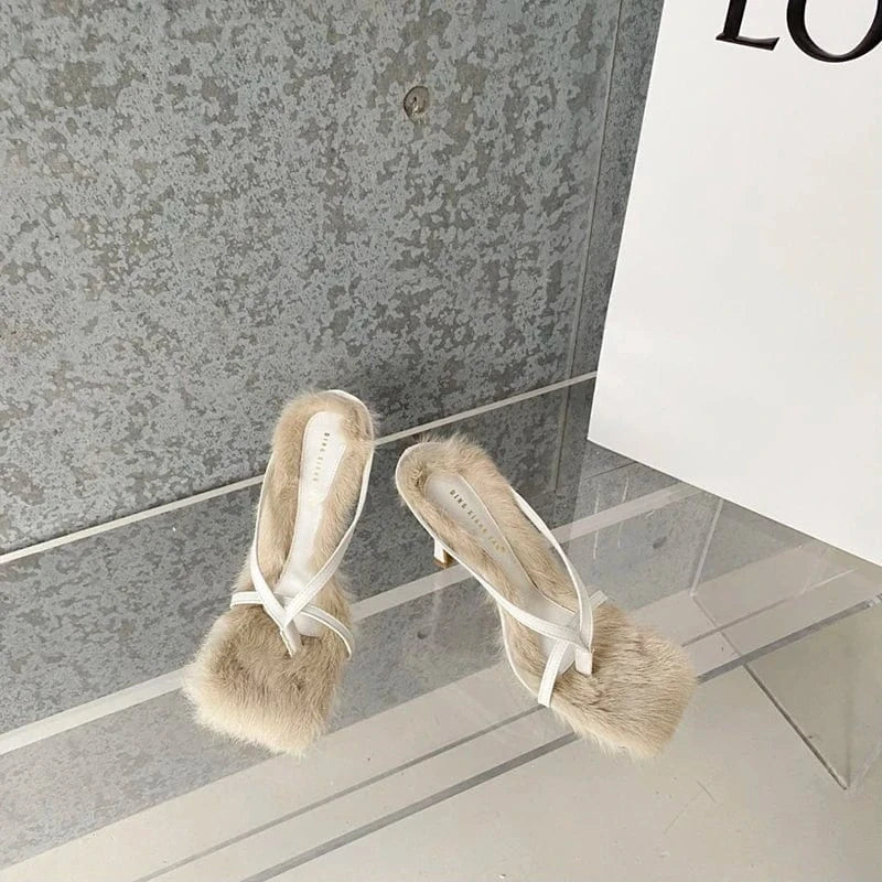 2023 Autumn Fairy Style Plush Shoes Women's Slim Heel Sandals Slim Strap High Heel Open Toe Fashion Women's Shoes