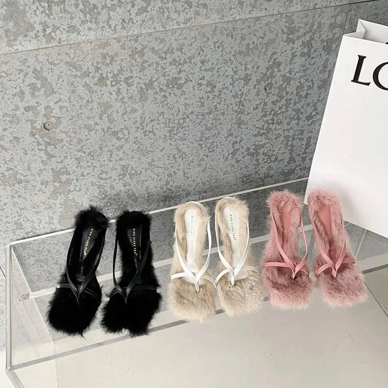2023 Autumn Fairy Style Plush Shoes Women's Slim Heel Sandals Slim Strap High Heel Open Toe Fashion Women's Shoes