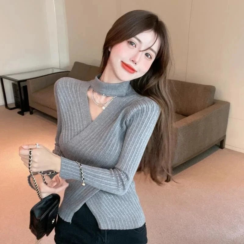 2023 autumn new arrival fashion high-quality slim-fit women's semi-high crewneck solid color halters knit base sweater
