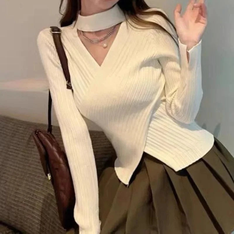 2023 autumn new arrival fashion high-quality slim-fit women's semi-high crewneck solid color halters knit base sweater