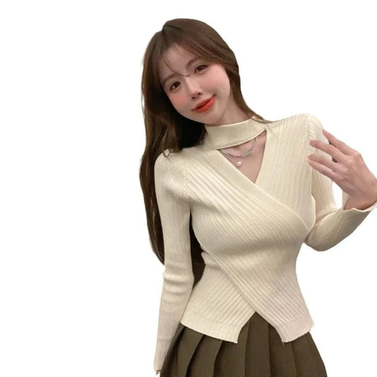 2023 autumn new arrival fashion high-quality slim-fit women's semi-high crewneck solid color halters knit base sweater