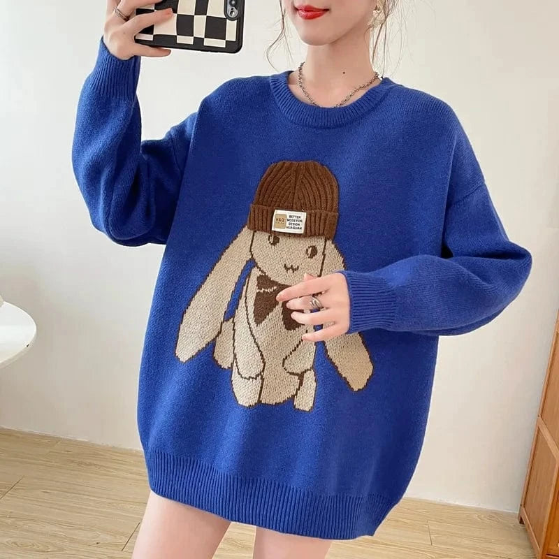 2023 Autumn New Arrival Fashionable Women New Arrival Crew Neck Long Sleeve Oversize Cartoon Rabbit Print Pullover Sweater