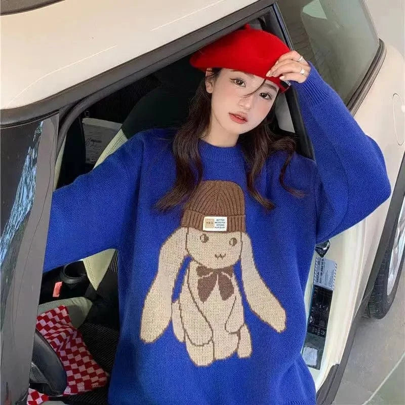 2023 Autumn New Arrival Fashionable Women New Arrival Crew Neck Long Sleeve Oversize Cartoon Rabbit Print Pullover Sweater
