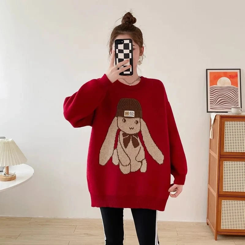 2023 Autumn New Arrival Fashionable Women New Arrival Crew Neck Long Sleeve Oversize Cartoon Rabbit Print Pullover Sweater