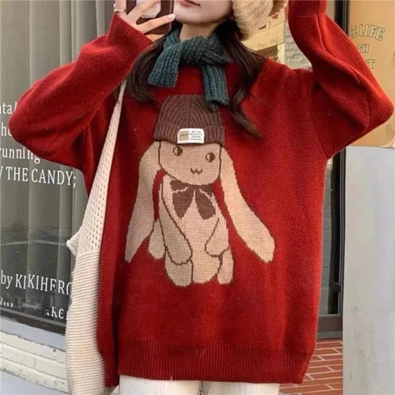 2023 Autumn New Arrival Fashionable Women New Arrival Crew Neck Long Sleeve Oversize Cartoon Rabbit Print Pullover Sweater