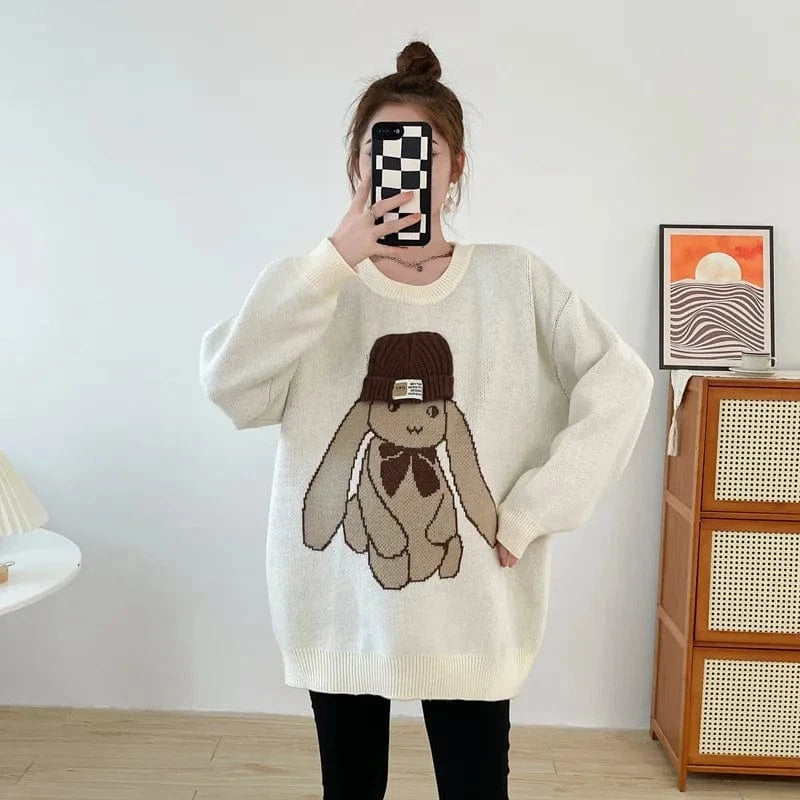 2023 Autumn New Arrival Fashionable Women New Arrival Crew Neck Long Sleeve Oversize Cartoon Rabbit Print Pullover Sweater