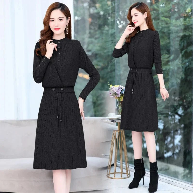 2023 autumn new high-quality round neck lotus sleeve fashion women slimming solid color knit dress