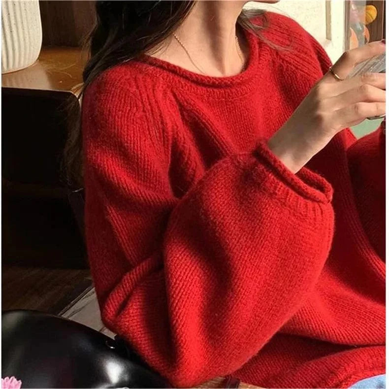 2023 Autumn winter new arrival of high-quality solid color crew-neck loose hem design thick fashion women pullover sweater