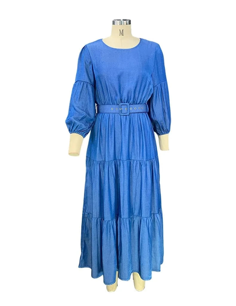 2023 Fall Summer New Women Jean Dresses Fashion Round Neck Denim Jean's Dresses for Ladies Pleated Swing Denim Dress