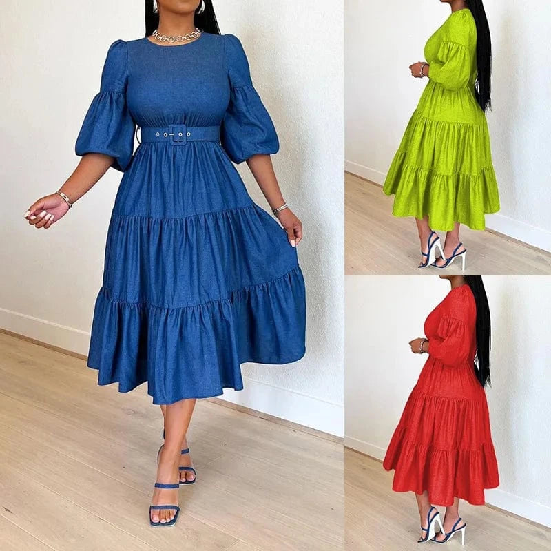 2023 Fall Summer New Women Jean Dresses Fashion Round Neck Denim Jean's Dresses for Ladies Pleated Swing Denim Dress