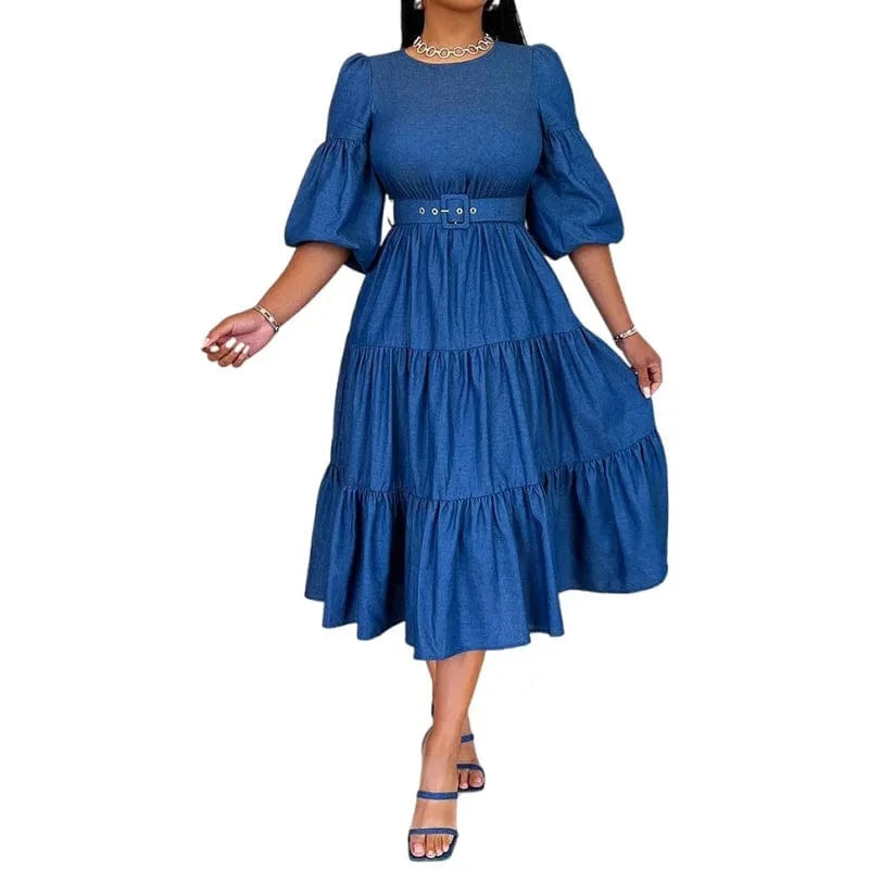 2023 Fall Summer New Women Jean Dresses Fashion Round Neck Denim Jean's Dresses for Ladies Pleated Swing Denim Dress