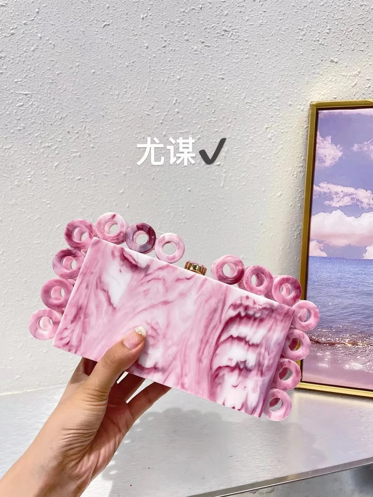 2023 Fashion French Acrylic Marble Gold Foil Small Square Bag Banquet Ring Clip Box Bag Chain Crossbody Bag