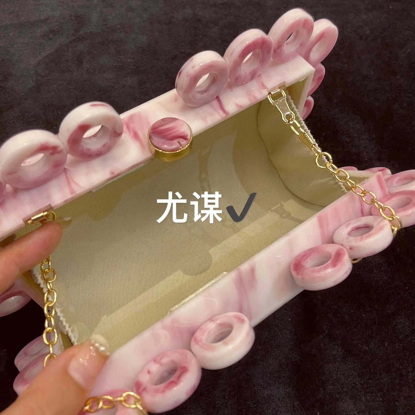 2023 Fashion French Acrylic Marble Gold Foil Small Square Bag Banquet Ring Clip Box Bag Chain Crossbody Bag