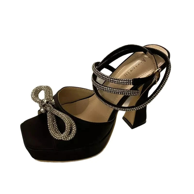2023 Fashion Runway Rhinestone Ankle Strap High Heels Women Sandals Crystal Bowknot Open Toe Platform Chunky Party Prom Shoes
