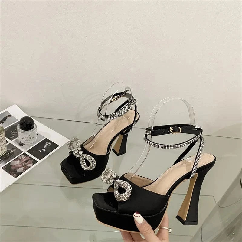 2023 Fashion Runway Rhinestone Ankle Strap High Heels Women Sandals Crystal Bowknot Open Toe Platform Chunky Party Prom Shoes