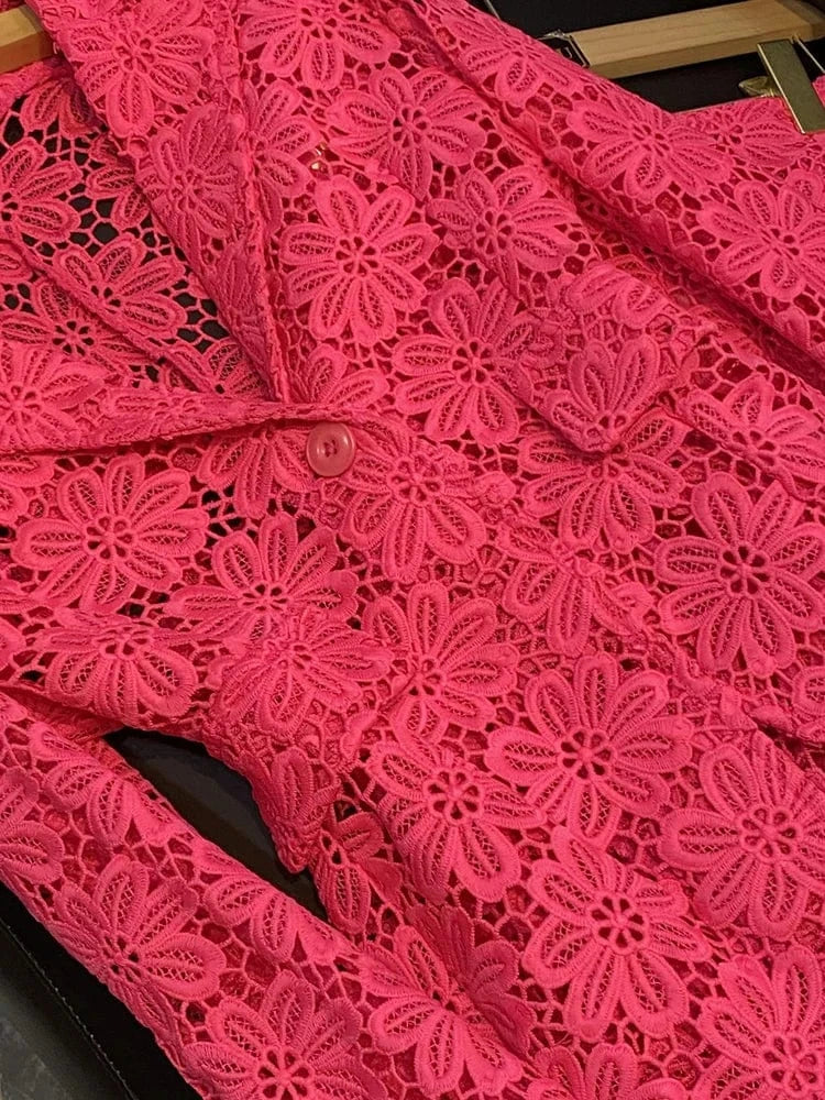 2023 Fine Workmanship Elegant Style Lace Office Lady Suit Single Button Blazer Pencil Pants Women Solid 2pcs