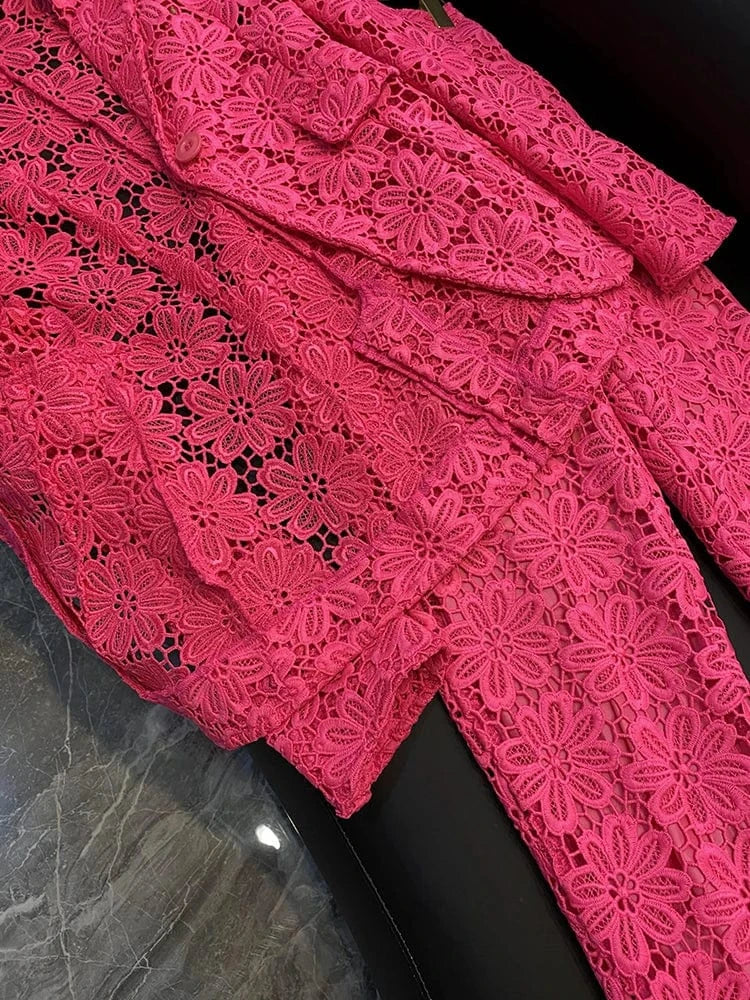 2023 Fine Workmanship Elegant Style Lace Office Lady Suit Single Button Blazer Pencil Pants Women Solid 2pcs