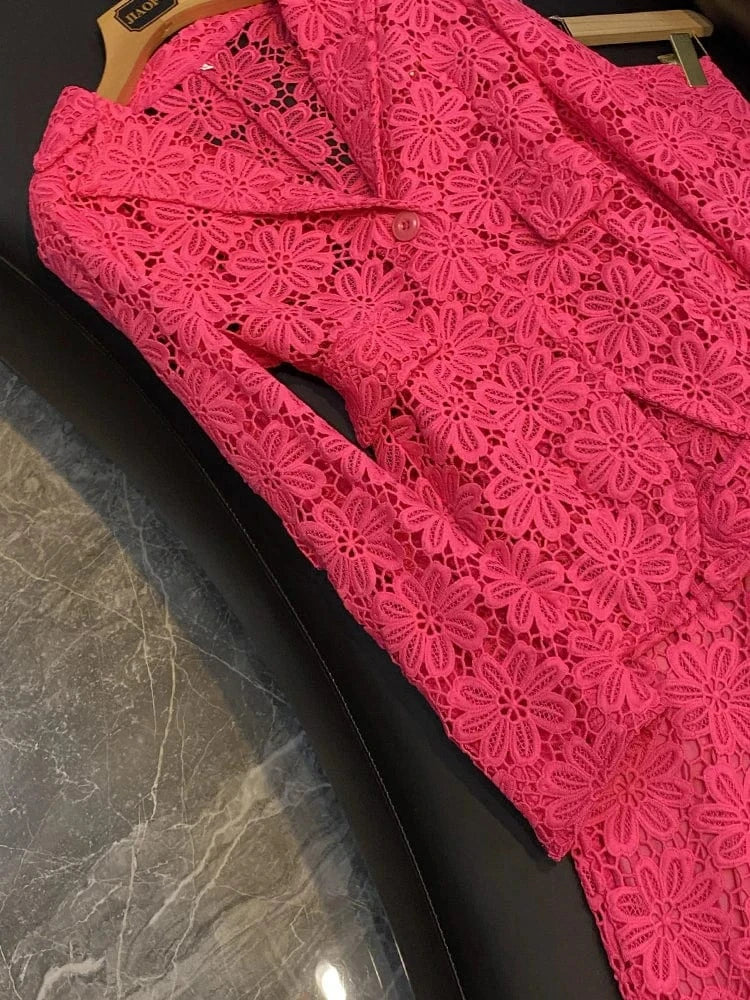 2023 Fine Workmanship Elegant Style Lace Office Lady Suit Single Button Blazer Pencil Pants Women Solid 2pcs