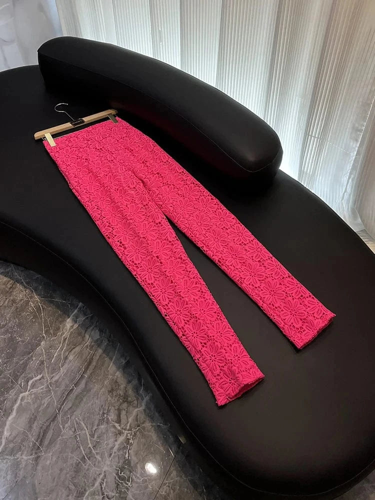 2023 Fine Workmanship Elegant Style Lace Office Lady Suit Single Button Blazer Pencil Pants Women Solid 2pcs