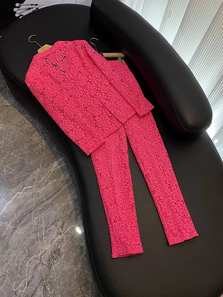 2023 Fine Workmanship Elegant Style Lace Office Lady Suit Single Button Blazer Pencil Pants Women Solid 2pcs