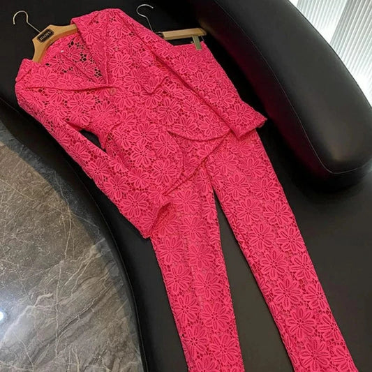 2023 Fine Workmanship Elegant Style Lace Office Lady Suit Single Button Blazer Pencil Pants Women Solid 2pcs