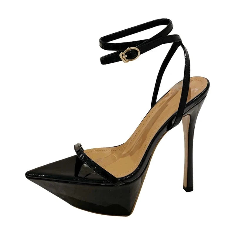 2023 Gold Sexy Sharp Toe Platform Extreme High Heels Women's Sandals Stiletto Heel Narrow Band Buckle Strap Pole Dancing Shoes