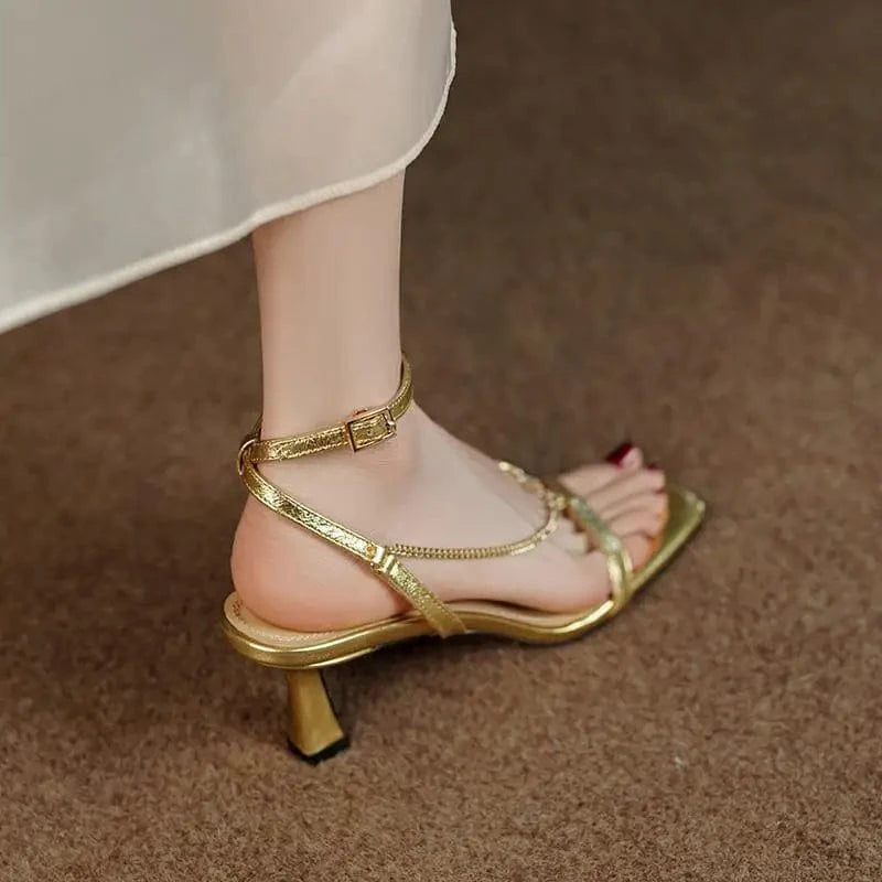 2023 High Heels Shoes For Women Gold Elegant Sandales Femme Fashion Streetwear New High Quality High Heel Sandals