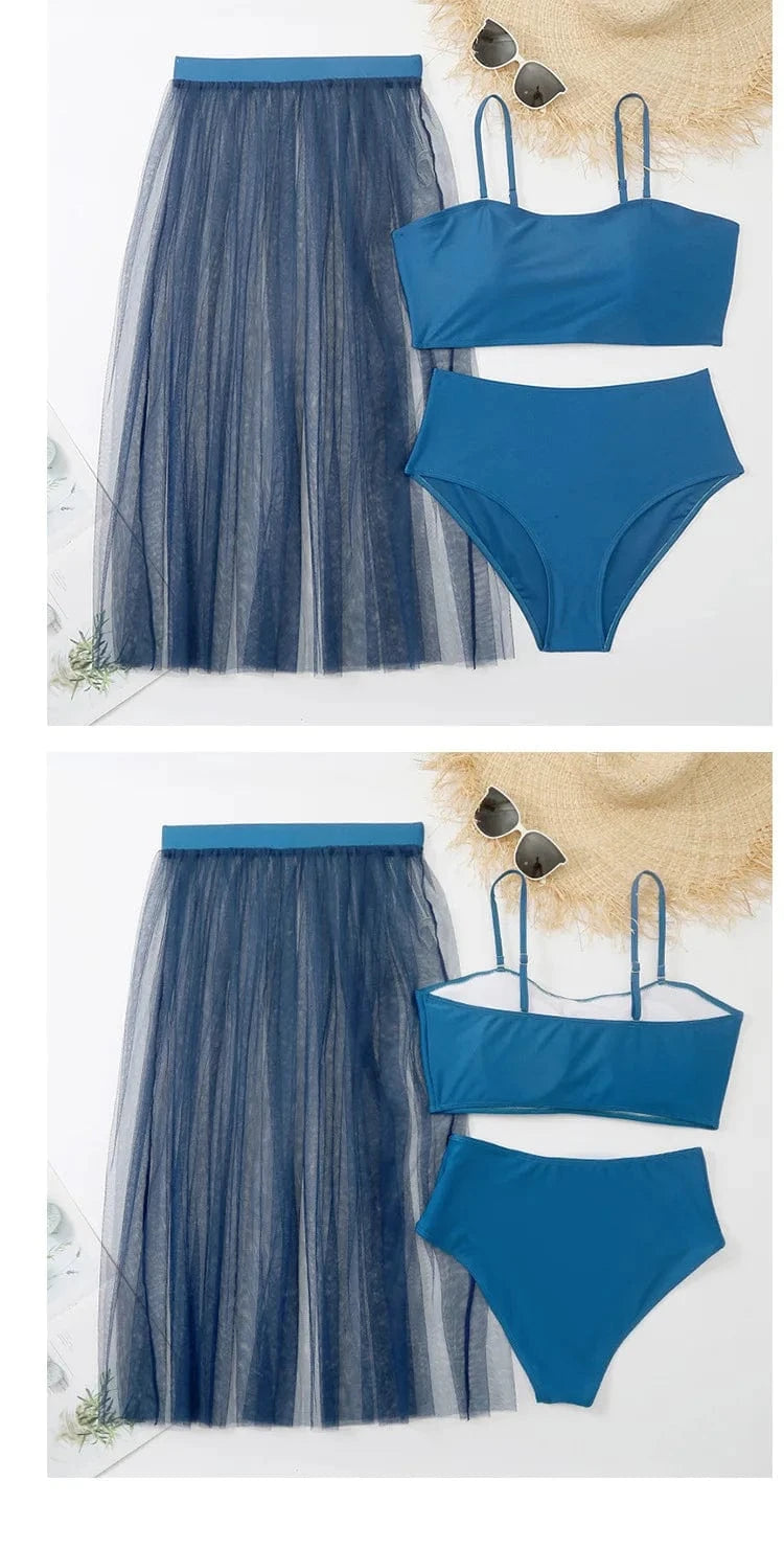 2023 Luxury Three Piece Swimsuit with Mesh Coverup Gauze Skirt Trendy Plus Size Woman Swimwear Solid Designer Big Bathing Suits