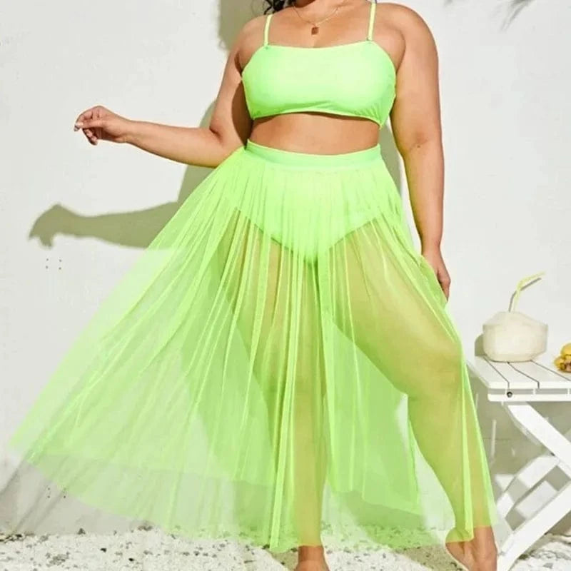 2023 Luxury Three Piece Swimsuit with Mesh Coverup Gauze Skirt Trendy Plus Size Woman Swimwear Solid Designer Big Bathing Suits