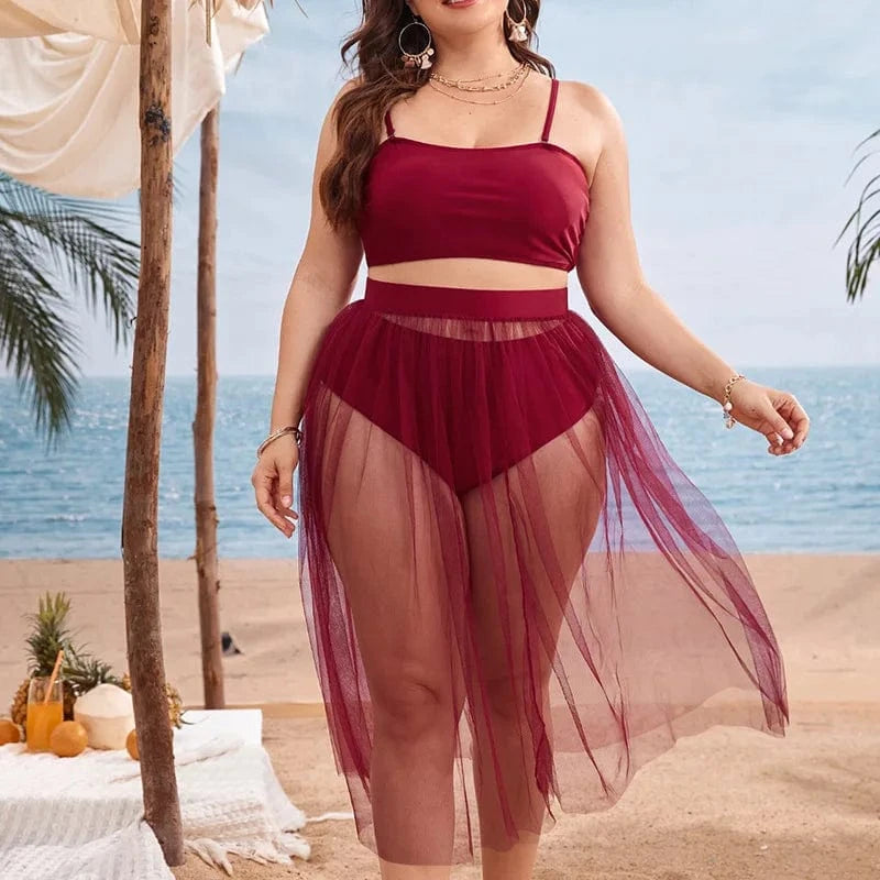 2023 Luxury Three Piece Swimsuit with Mesh Coverup Gauze Skirt Trendy Plus Size Woman Swimwear Solid Designer Big Bathing Suits