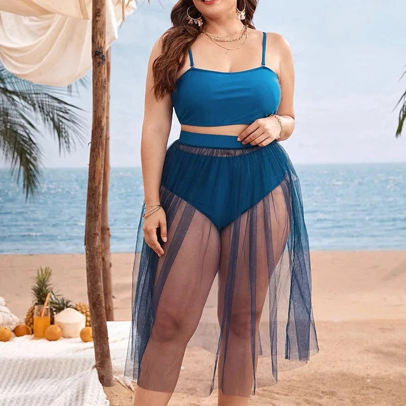 2023 Luxury Three Piece Swimsuit with Mesh Coverup Gauze Skirt Trendy Plus Size Woman Swimwear Solid Designer Big Bathing Suits