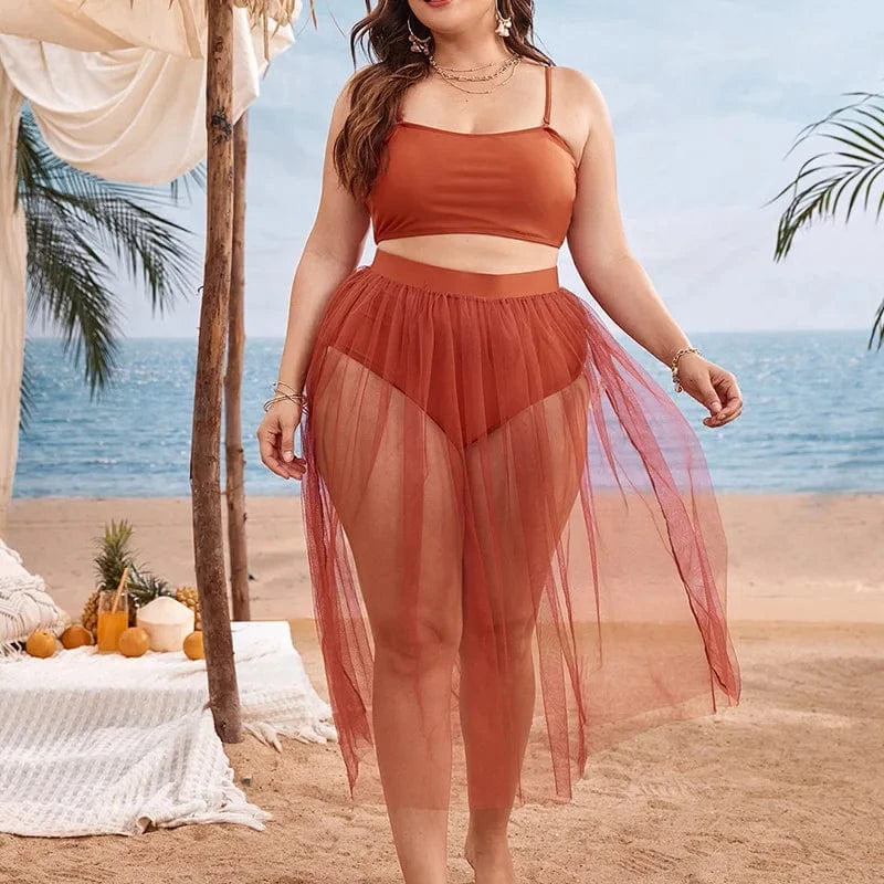 2023 Luxury Three Piece Swimsuit with Mesh Coverup Gauze Skirt Trendy Plus Size Woman Swimwear Solid Designer Big Bathing Suits