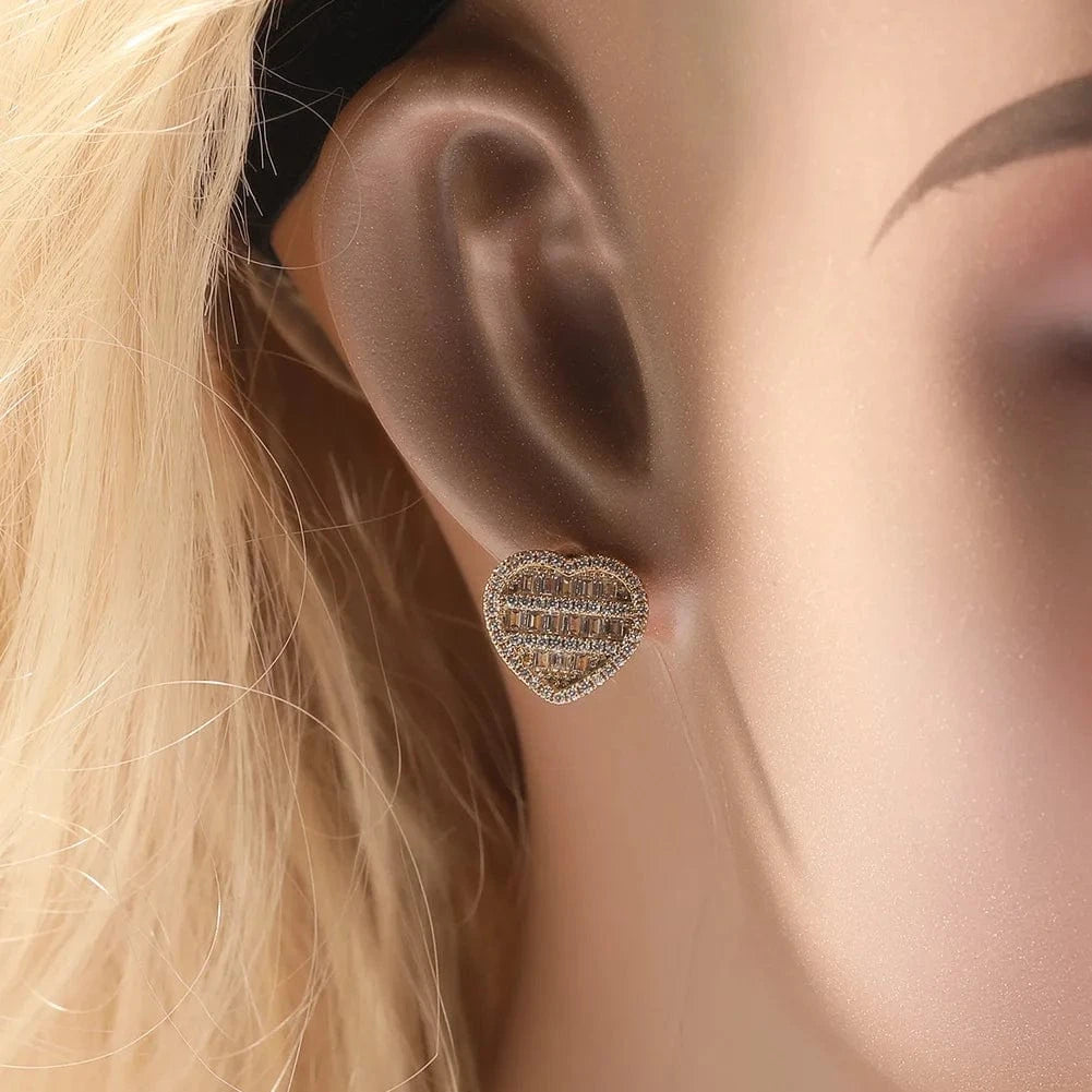 2023 new arrivals ear jewelry brass silver micro paved cubic zirconia diamond love icy baguette heart earrings studs